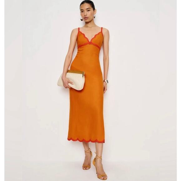 New Reformation Sara Linen Midi Dress Orange Nectarine Pink Sundress 2 Mod - Picture 2 of 13